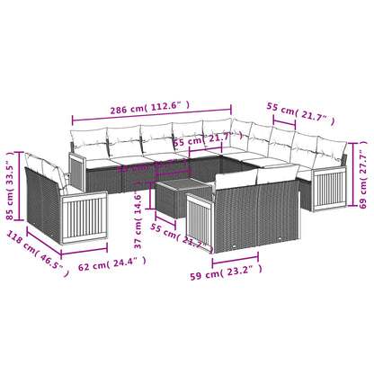 14 pcs conjunto de sofás p/ jardim c/ almofadões vime PE preto