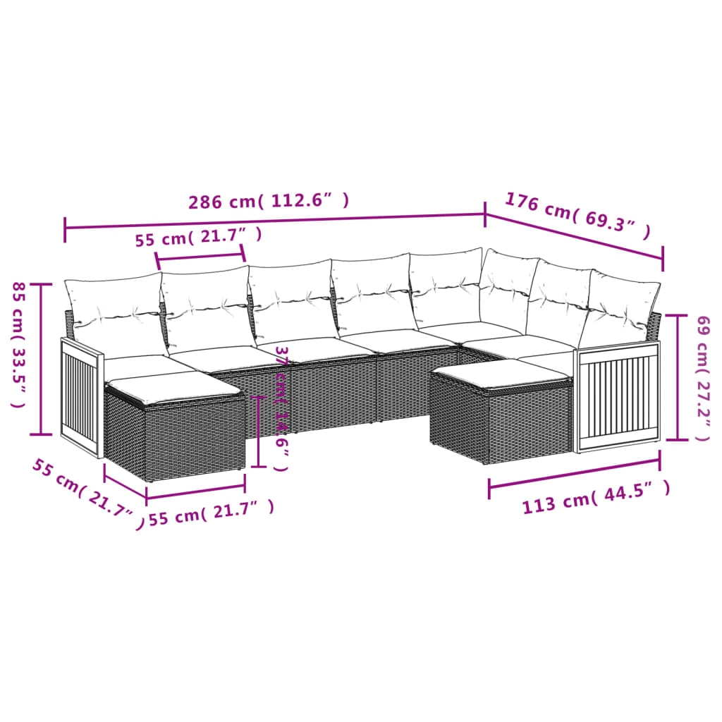 9 pcs conjunto de sofás p/ jardim com almofadões vime PE bege