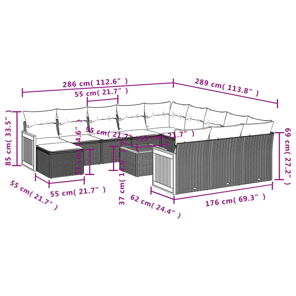 13 pcs conjunto de sofás de jardim com almofadões vime PE preto