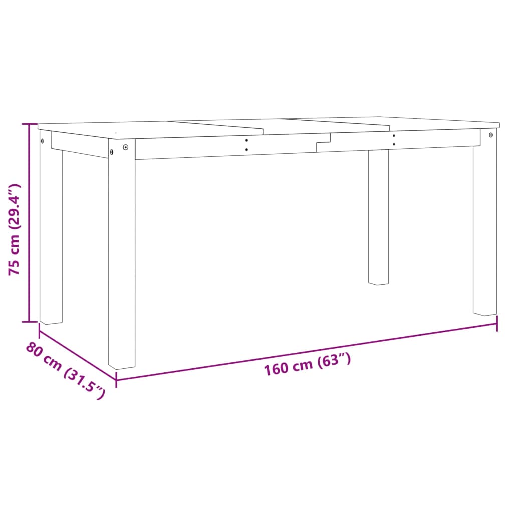 Mesa de jantar Panama 160x80x75 cm pinho maciço cinzento