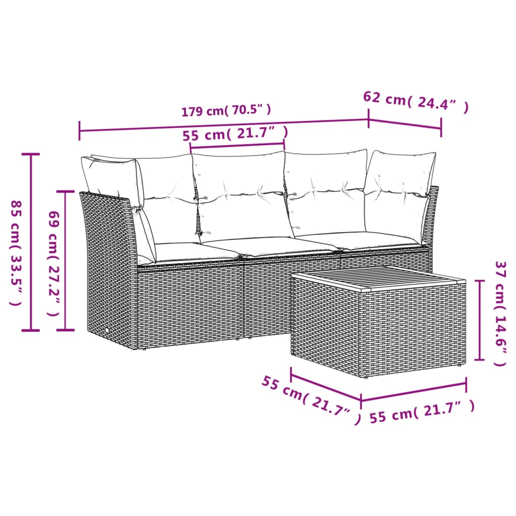 4 pcs conjunto de sofás para jardim c/ almofadões vime PE preto