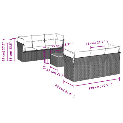 7 pcs conjunto sofás p/ jardim c/ almofadões vime PE cinzento