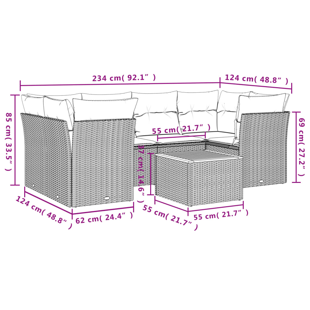 7 pcs conjunto de sofás p/ jardim c/ almofadões vime PE preto