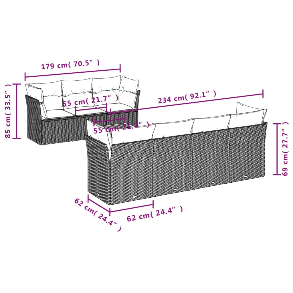 8 pcs conjunto sofás de jardim c/ almofadões vime PE cinzento