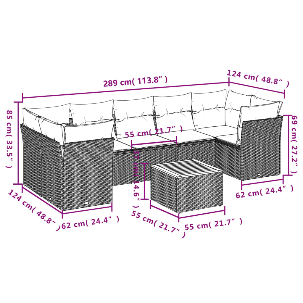 8 pcs conjunto sofás de jardim com almofadões vime PE preto