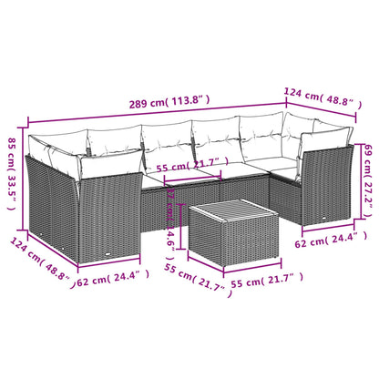 8 pcs conjunto sofás de jardim c/ almofadões vime PE cinzento