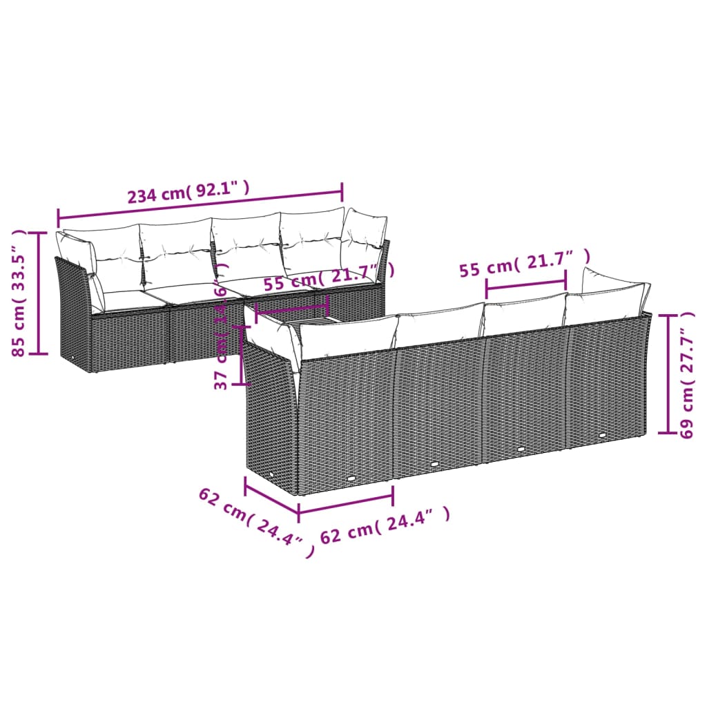 9 pcs conjunto sofás p/ jardim com almofadões vime PE cinzento