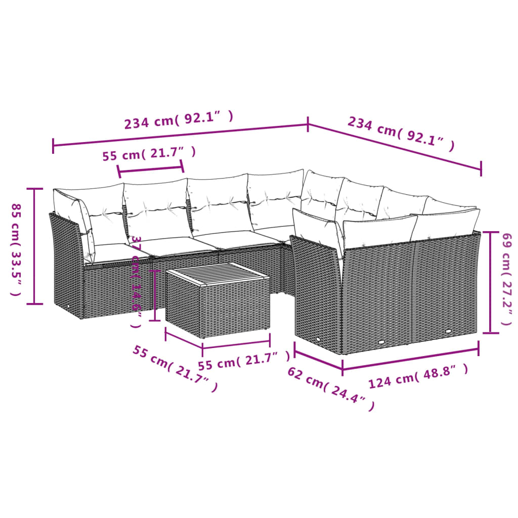 9 pcs conjunto de sofás p/ jardim c/ almofadões vime PE preto