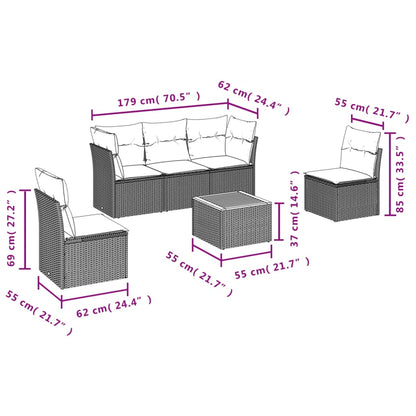 6 pcs conjunto sofás de jardim c/ almofadões vime PE preto