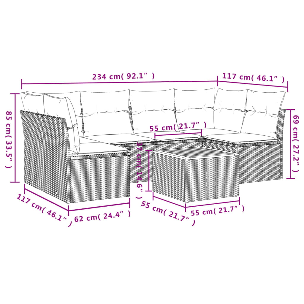 7 pcs conjunto de sofás p/ jardim c/ almofadões vime PE preto