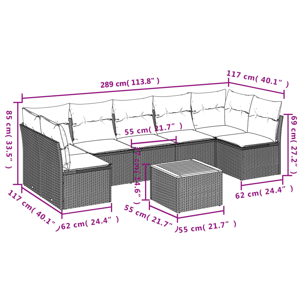 8 pcs conjunto sofás de jardim c/ almofadões vime PE cinzento