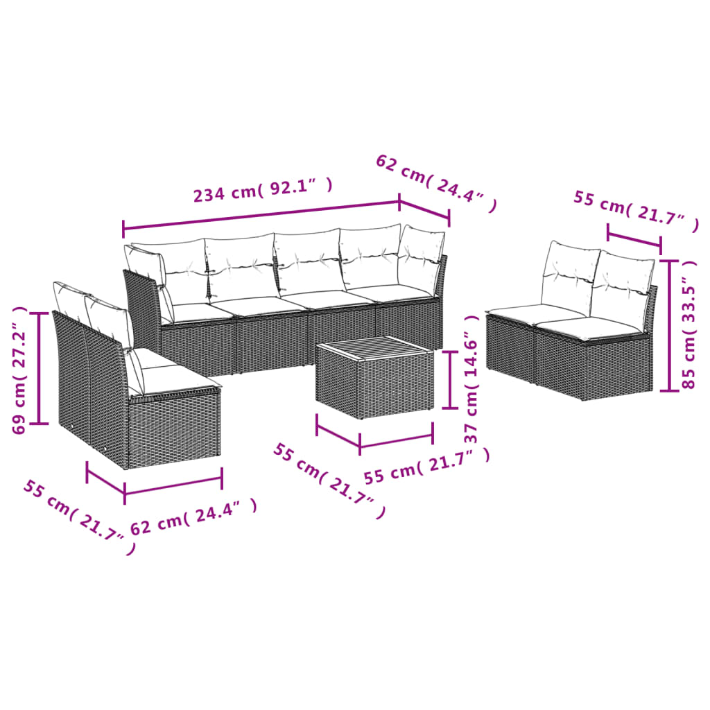 9 pcs conjunto de sofás p/ jardim c/ almofadões vime PE preto