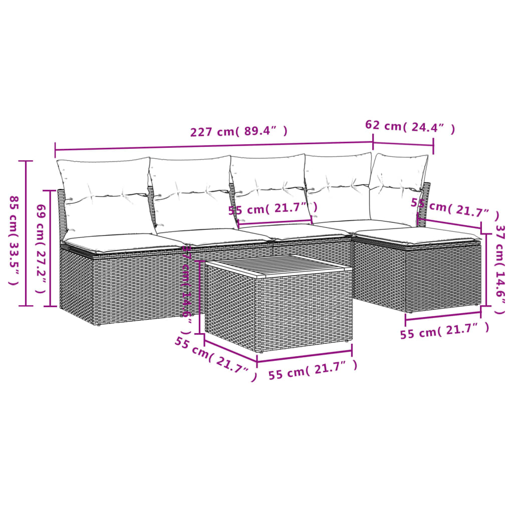 6 pcs conjunto sofás de jardim com almofadões vime cinzento