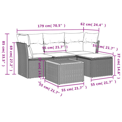 5 pcs conjunto sofás de jardim c/ almofadões vime PE cinzento