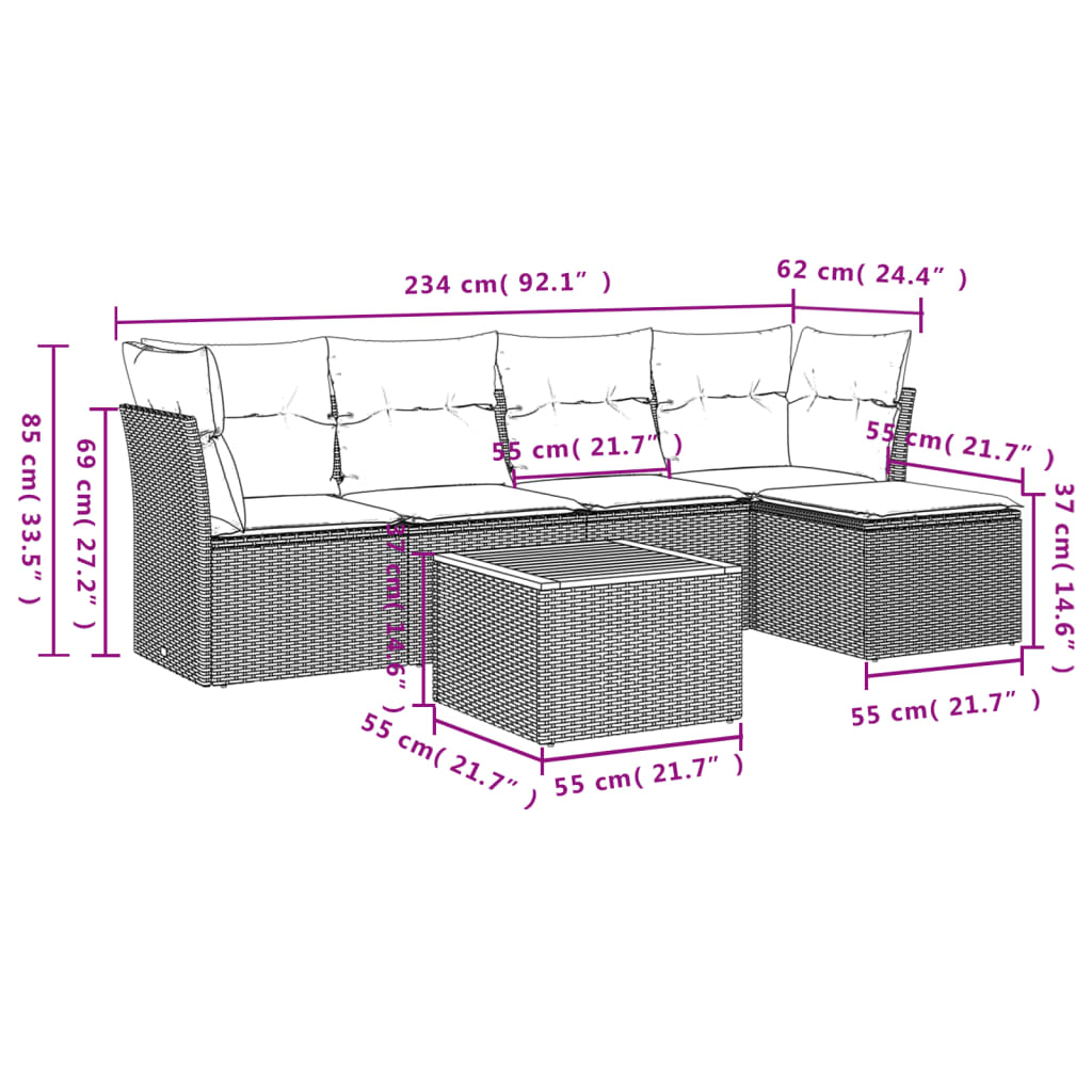 6 pcs conjunto sofás de jardim c/ almofadões vime PE preto