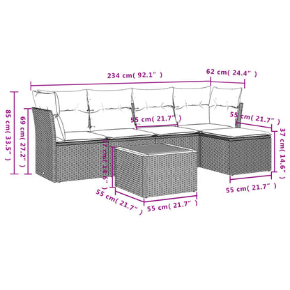 6 pcs conjunto sofás de jardim com almofadões vime cinzento