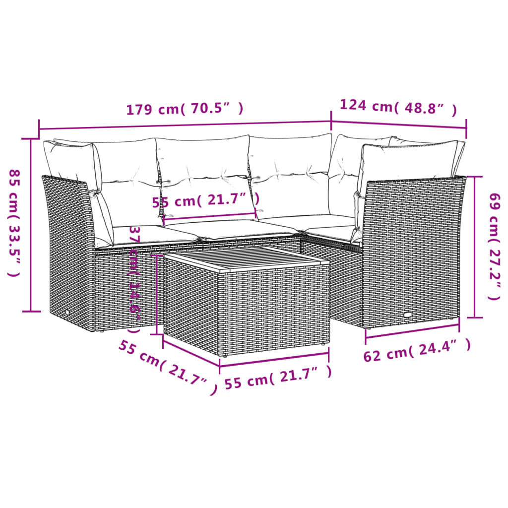 5 pcs conjunto sofás de jardim com almofadões vime PE preto