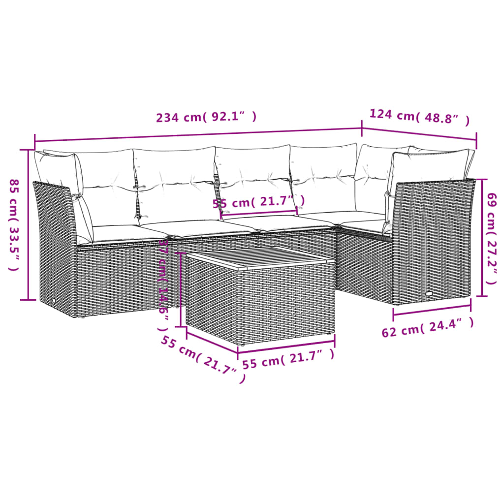 6 pcs conjunto sofás de jardim c/ almofadões vime PE preto