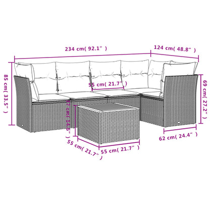 6 pcs conjunto sofás de jardim c/ almofadões vime PE preto