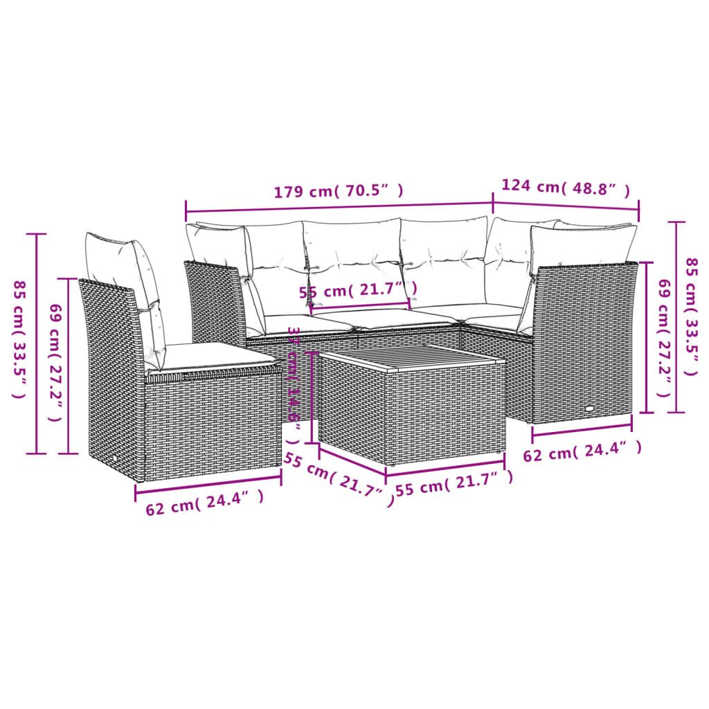 6 pcs conjunto sofás de jardim com almofadões vime cinzento