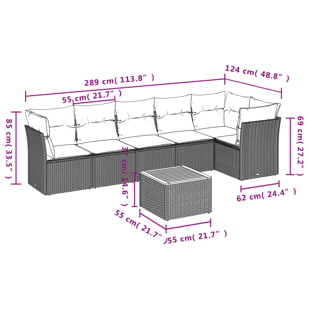 7 pcs conjunto sofás p/ jardim c/ almofadões vime PE cinzento