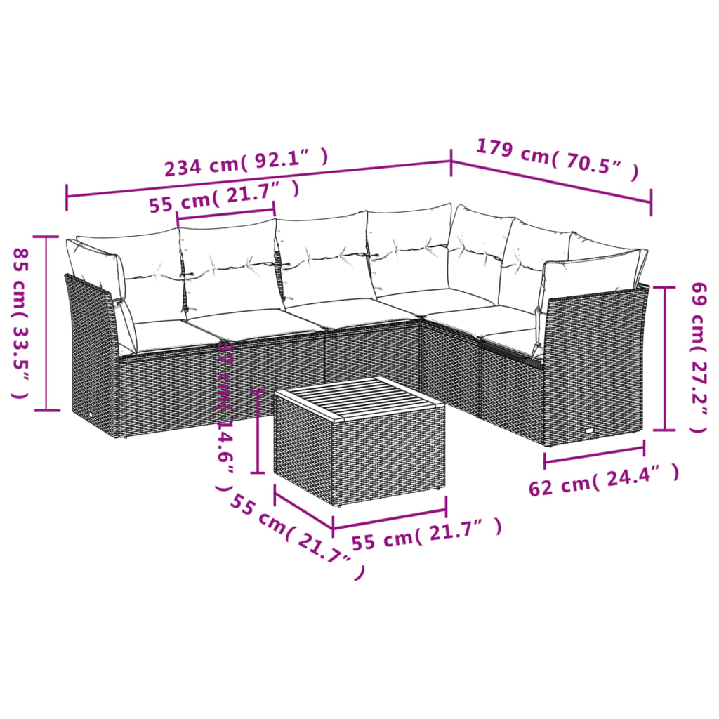 7 pcs conjunto de sofás p/ jardim c/ almofadões vime PE preto