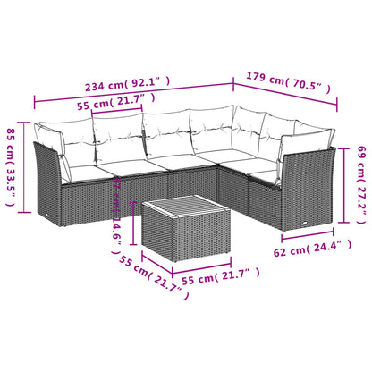 7 pcs conjunto sofás p/ jardim c/ almofadões vime PE cinzento