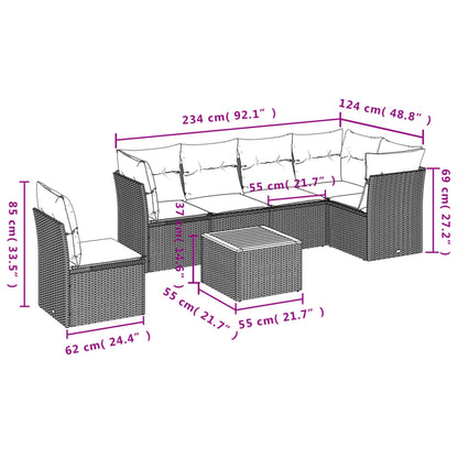 7 pcs conjunto de sofás p/ jardim c/ almofadões vime PE preto