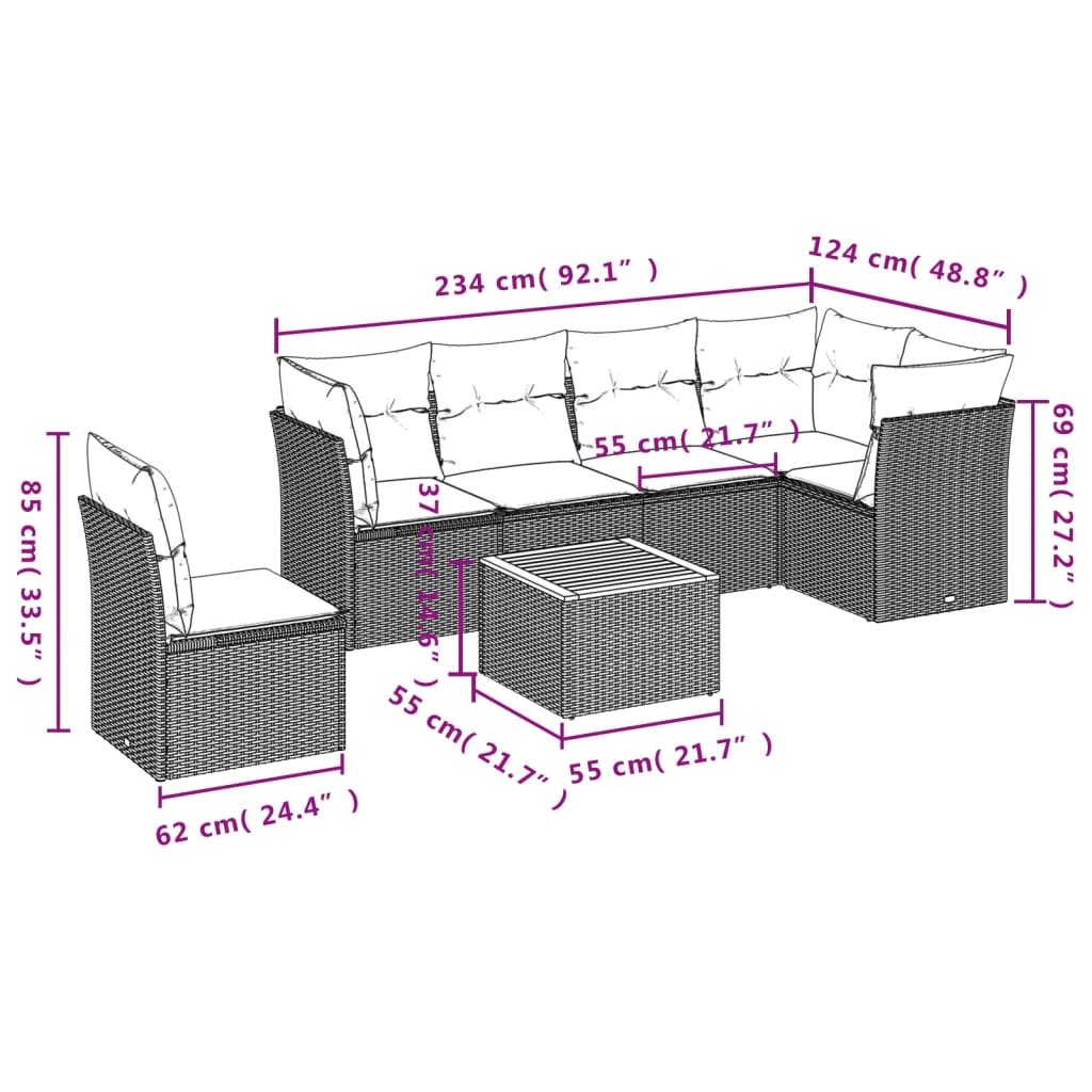 7 pcs conjunto sofás p/ jardim c/ almofadões vime PE cinzento