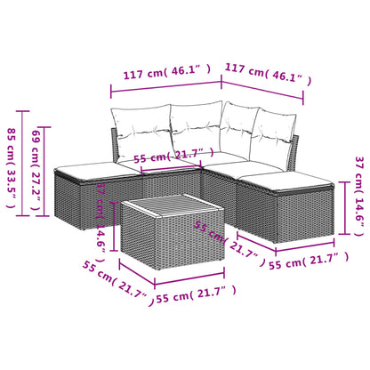 6 pcs conjunto sofás de jardim c/ almofadões vime PE preto