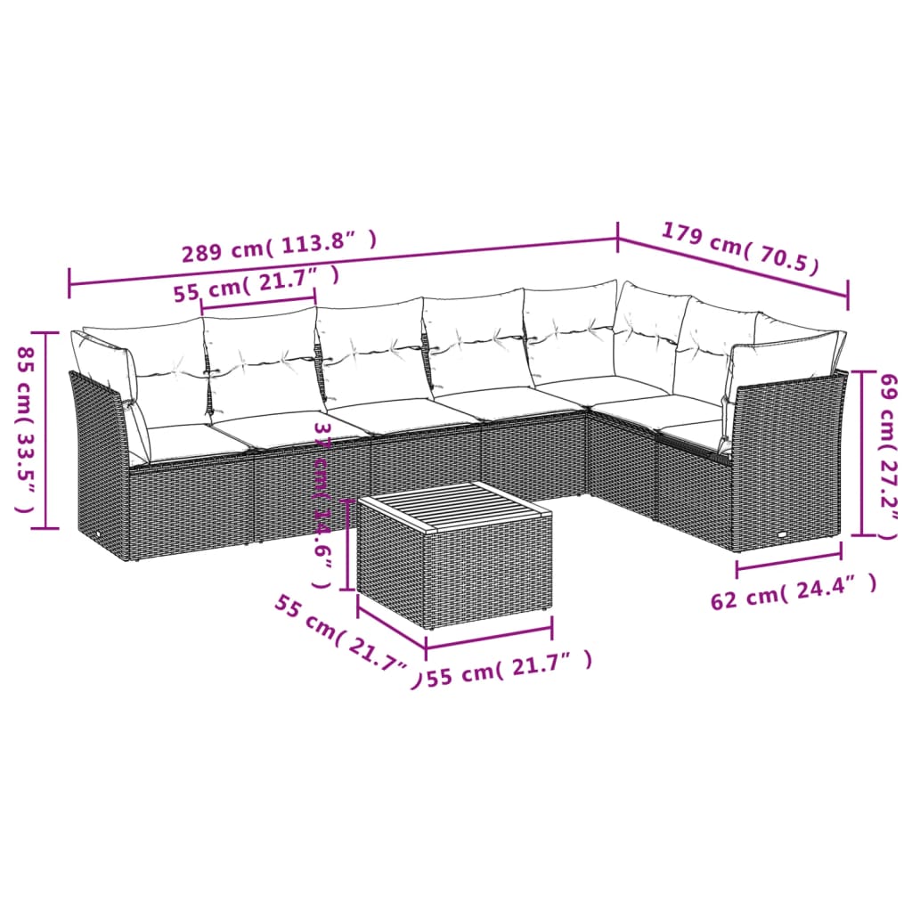 8 pcs conjunto sofás de jardim com almofadões vime PE preto