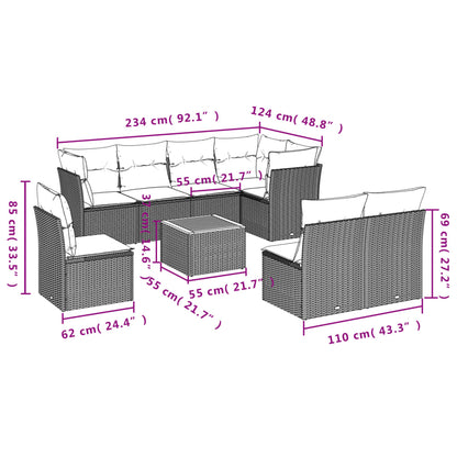 9 pcs conjunto de sofás p/ jardim c/ almofadões vime PE preto