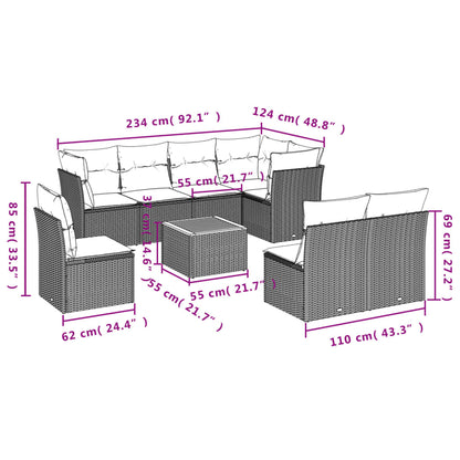 9 pcs conjunto sofás p/ jardim com almofadões vime PE cinzento