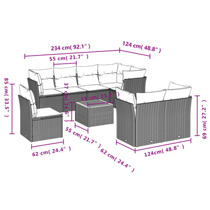 9 pcs conjunto de sofás p/ jardim c/ almofadões vime PE preto