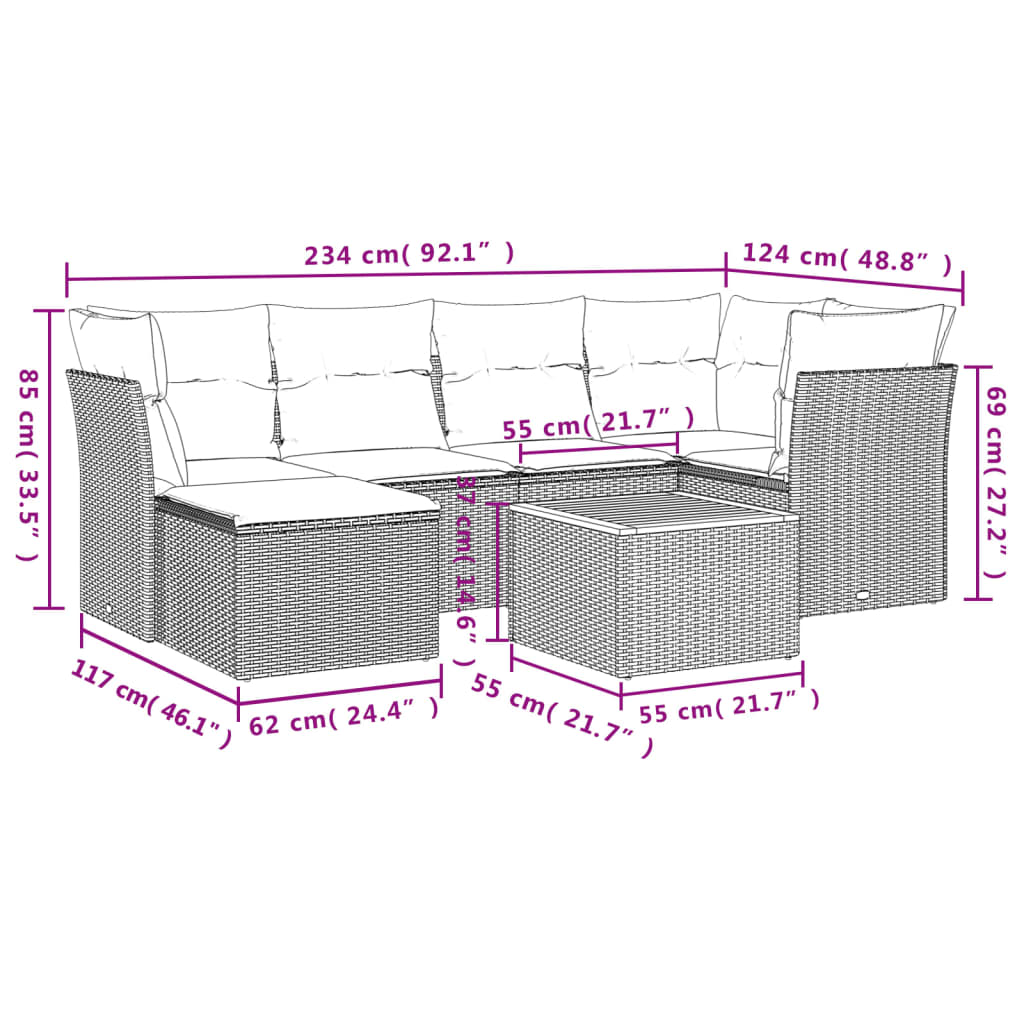 7 pcs conjunto sofás p/ jardim c/ almofadões vime PE cinzento