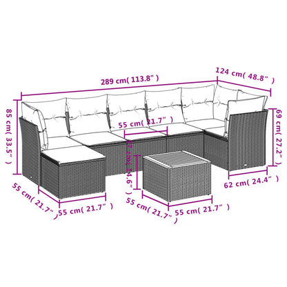 8 pcs conjunto sofás de jardim com almofadões vime PE preto