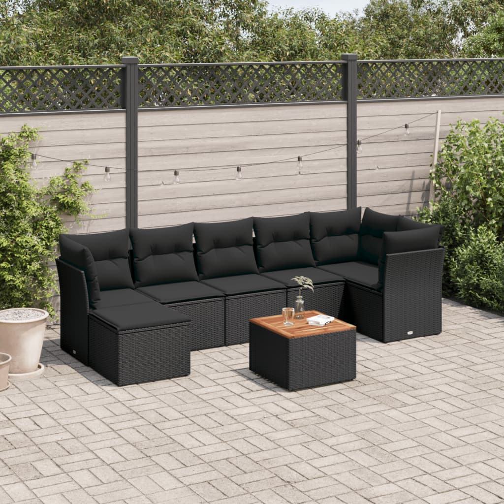 8 pcs conjunto sofás de jardim com almofadões vime PE preto