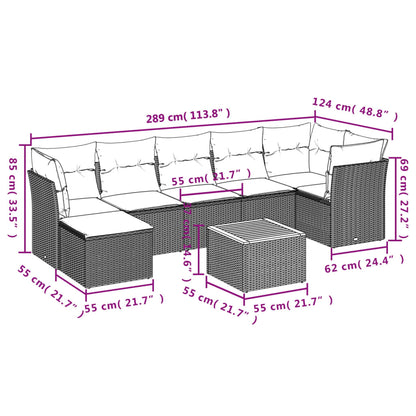 8 pcs conjunto sofás de jardim c/ almofadões vime PE cinzento