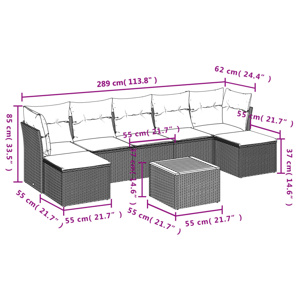 8 pcs conjunto sofás de jardim c/ almofadões vime PE cinzento