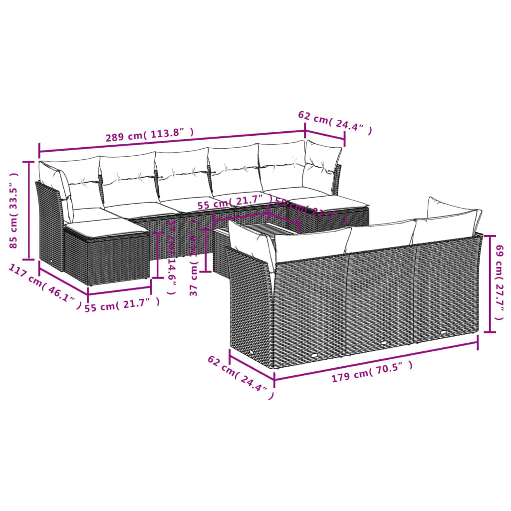 11 pcs conjunto sofás de jardim c/ almofadões vime PE bege