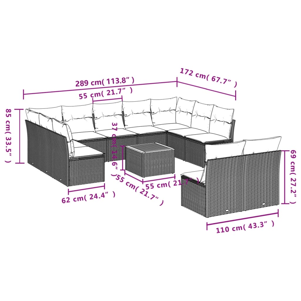 12 pcs conjunto de sofás de jardim c/ almofadões vime PE preto