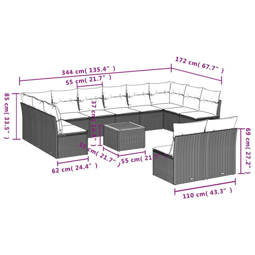 13 pcs conjunto sofás p/ jardim c/ almofadões vime PE cinzento