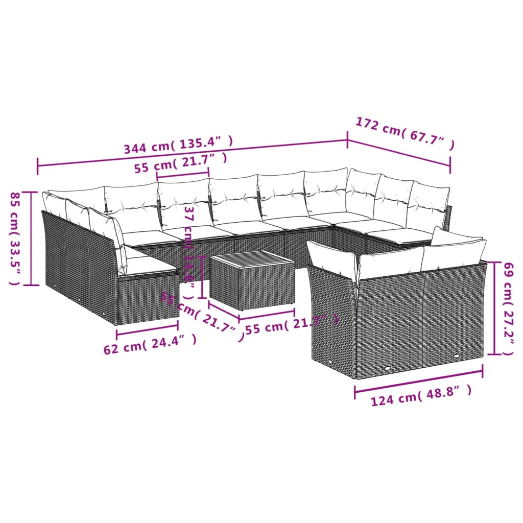 13 pcs conjunto sofás p/ jardim c/ almofadões vime PE cinzento