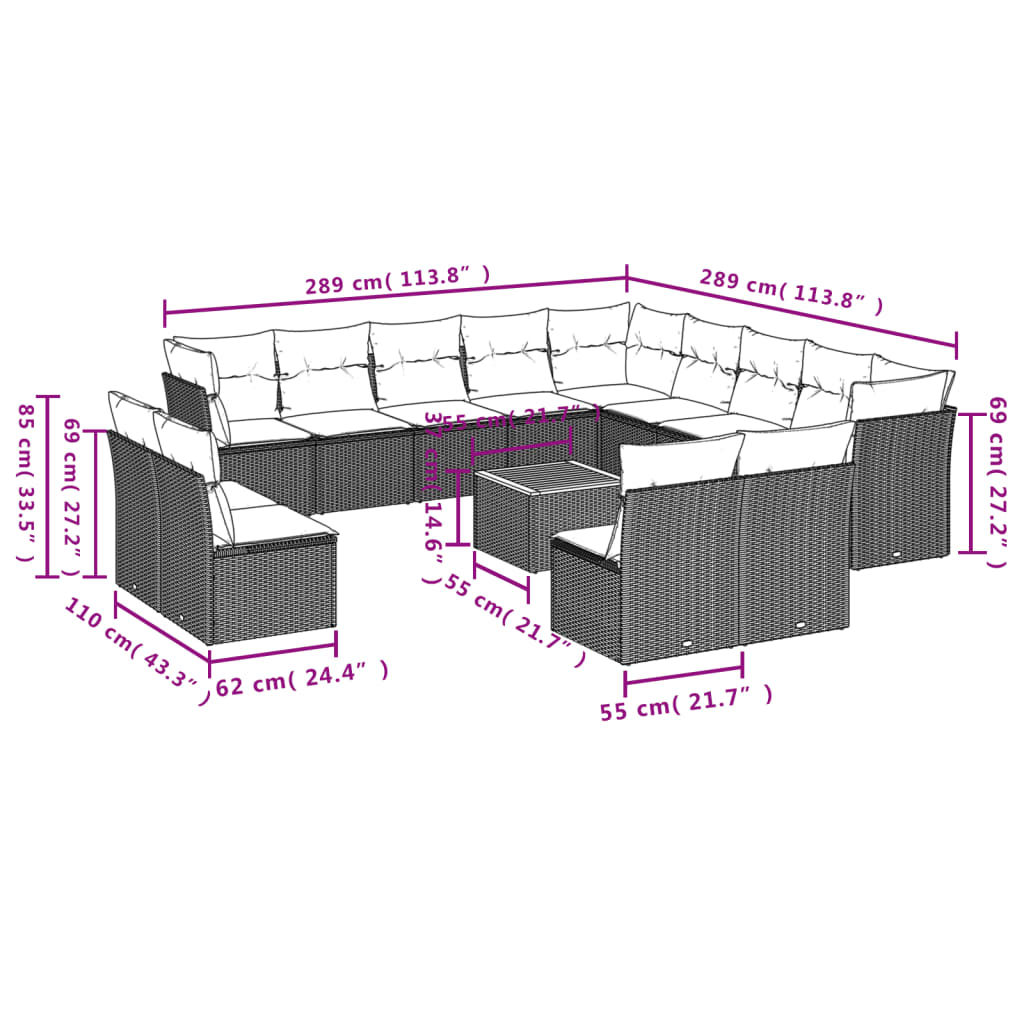 14 pcs conjunto sofás p/ jardim c/ almofadões vime PE cinzento