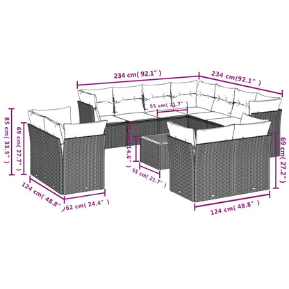 12 pcs conjunto de sofás de jardim c/ almofadões vime PE preto