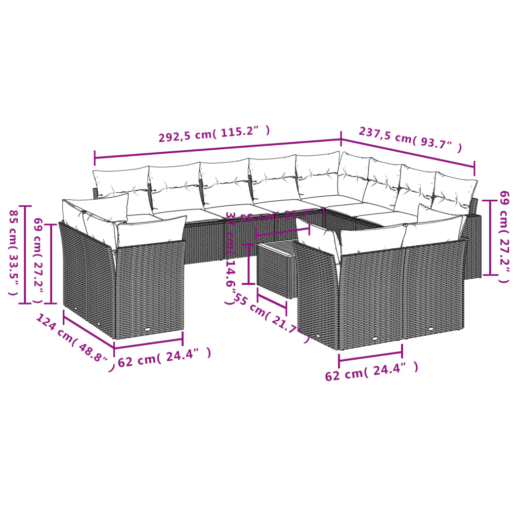 13 pcs conjunto de sofás de jardim com almofadões vime PE preto