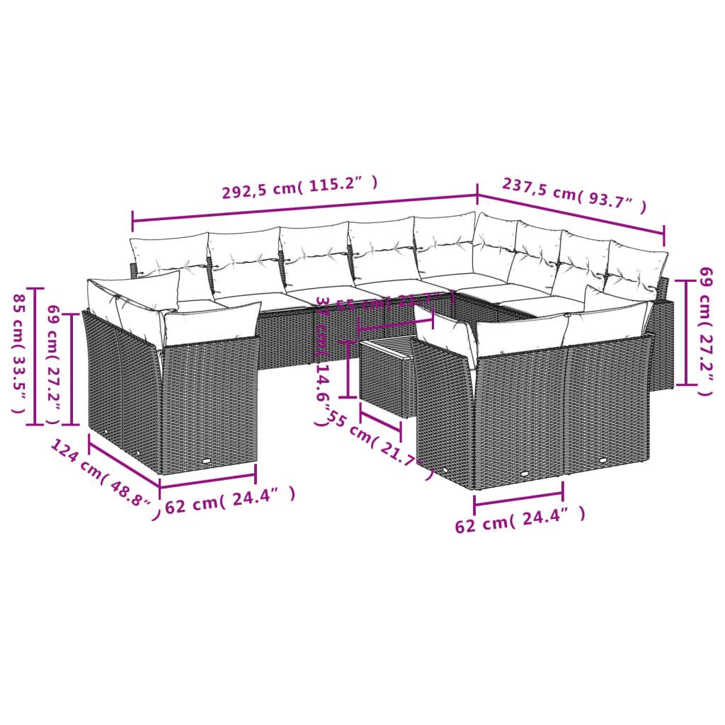 13 pcs conjunto sofás p/ jardim c/ almofadões vime PE cinzento