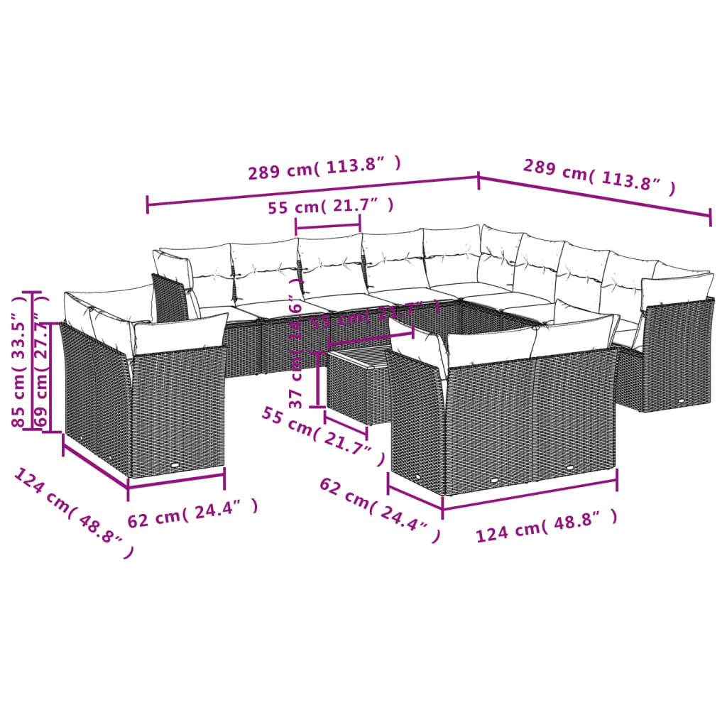 14 pcs conjunto de sofás p/ jardim c/ almofadões vime PE preto