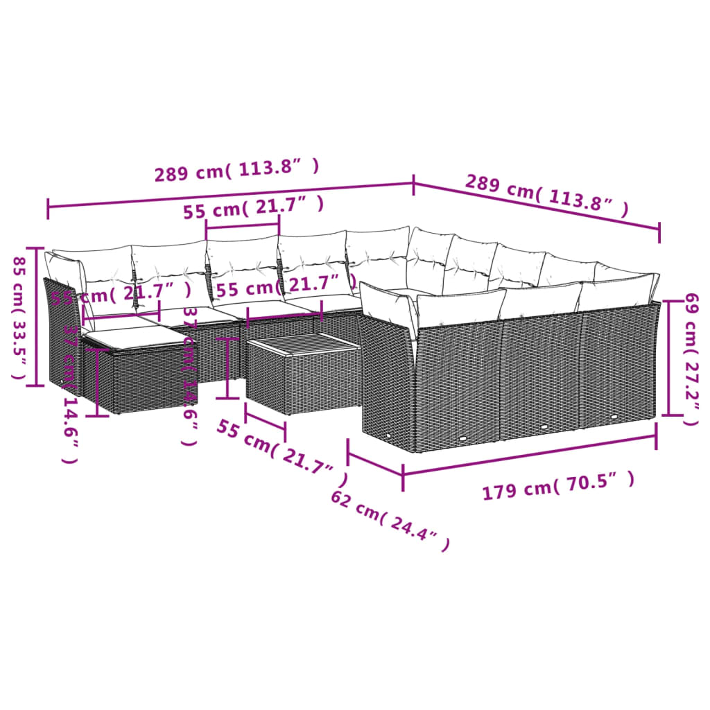 13 pcs conjunto sofás p/ jardim c/ almofadões vime PE cinzento