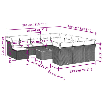 13 pcs conjunto sofás p/ jardim c/ almofadões vime PE cinzento